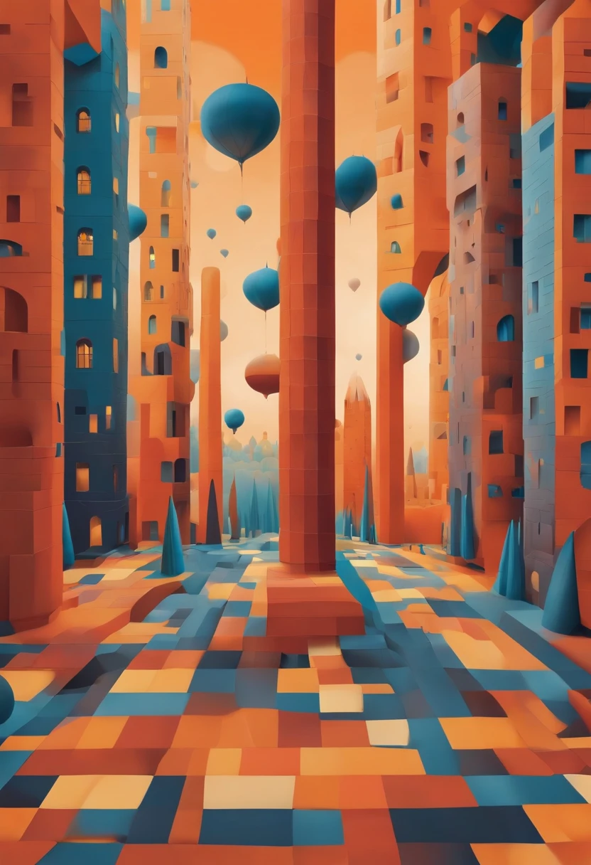monument valley，optical illusions，cubismo，Yayoi Kusama，Escher's theory of relativity，iso-distance view,Dramaticlight,Translucent stereoscopic,Rich in color,Beautiful composition，tmasterpiece,Detailed details,k hd,Urban bridges，River forest