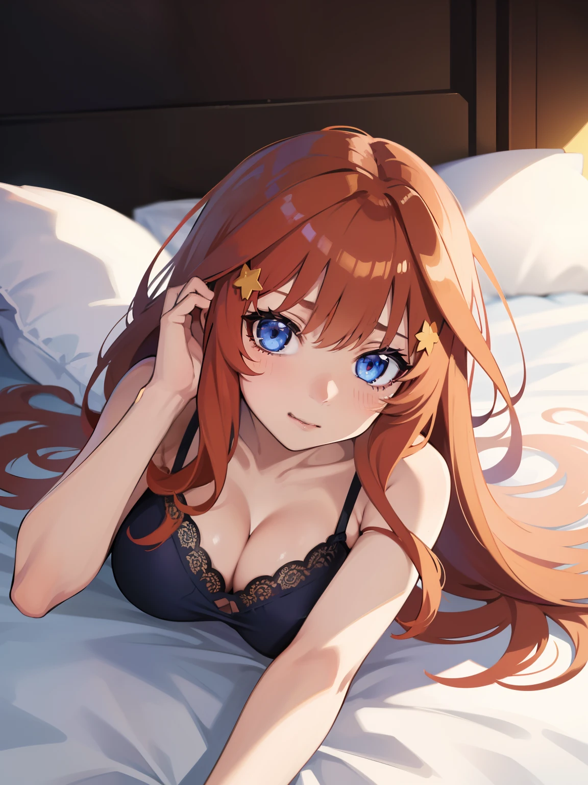 1girl, Anime girl with long hair, anime moe art style, Anime visuals of cute girls, Anime Best Girl, itsuki nakano fanart, pretty anime girl, Smooth Anime CG Art, Seductive Anime Girl, charming anime girls, Cute anime girl, Shining eyes, big boobs, (((((leaning forward))))), ((looking at viewer)), (((((seductive face))))), close up, red hair, blue eyes, ((( lingerie dress))), bedroom, ahago, ((from above)), (((((laying down on bed))))), armpit, ((spreading legs)), ((cameltoe pussy)), intern thigh