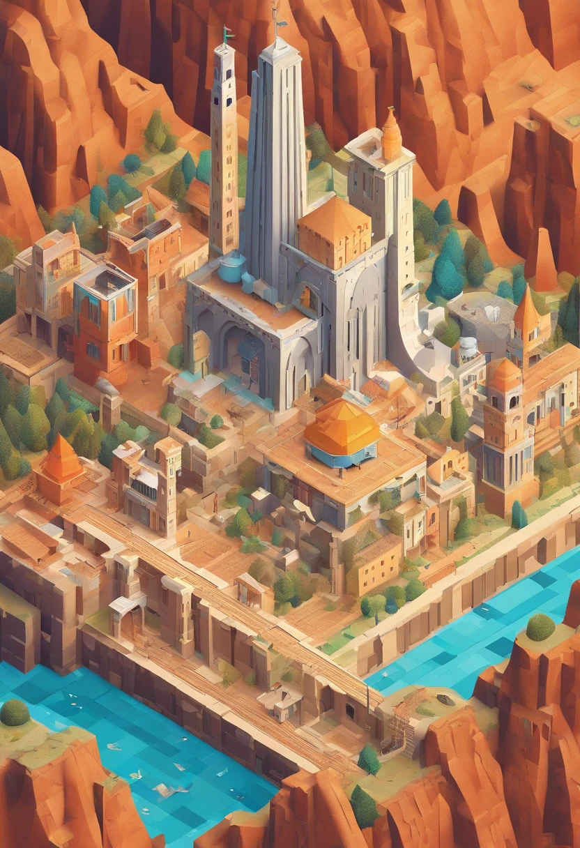 monument valley，optical illusions，cubismo，Yayoi Kusama，Escher's theory of relativity，iso-distance view,Dramaticlight,Translucent stereoscopic,Rich in color,Beautiful composition，tmasterpiece,Detailed details,k hd,Urban bridges，River forest