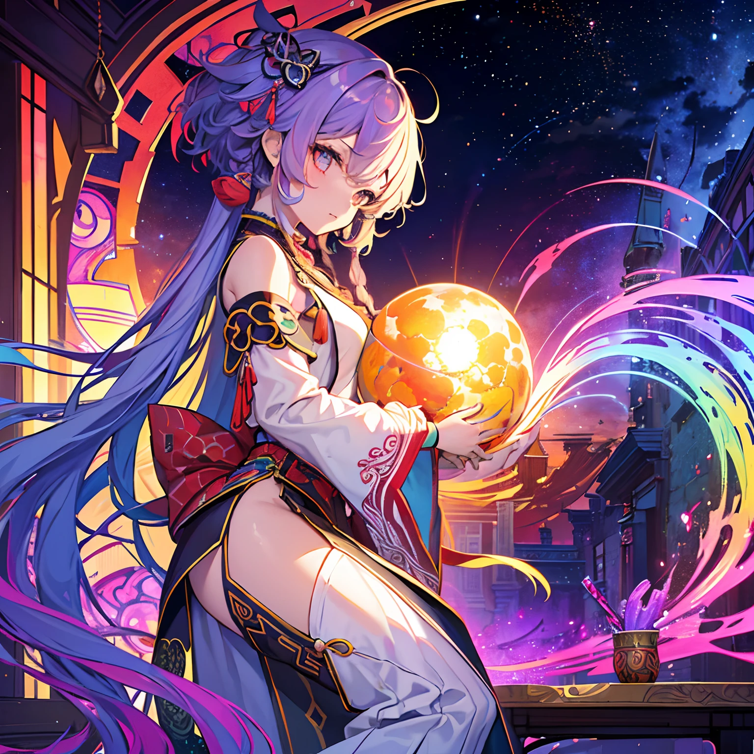 (masterpiece、top-quality、top-quality、Afrocentric Pating(afro)、Official art、Beautifully Aesthetic:1.2)、(1girl in:1.3)、(Fractal Art:1.3)、The upper part of the body、From Side、looking at the viewers、patterns、(rainbow-colored hair、colourful hair、African Ink、clouds、starrysky、stele、Splashes of bright colors、Rough kanji、