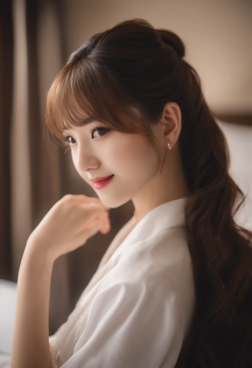 Black eyes, 1 woman, (Female)), Solo, Real, of the highest quality, Photorealistic, masutepiece, 8K, HDTV, Solo, HDTV Face, Soft lighting, Bedroom, ((Daytime)), skyporn, (looking in camera), (Portrait: 0.6), full bodyesbian, (Medium Hair), Ponytail, Brown hair, Floating hair, Lips, lip stick, Seductive smile, Floating hair, Smile, Open mouth, 牙, Eyelashes, Nogizaka 46, Fashionable Tada, Akari Suda, Idol, Beautiful Girl, ((uniform)), (((Standing))