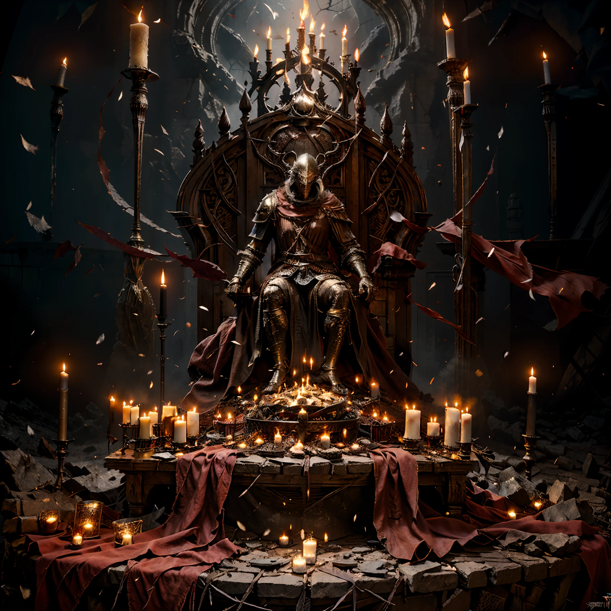 The Dark lord sits on a throne surrounded by candles, best of artstation, Artstation contest winner, dark souls concept art, dark souls art, by Yang J, darksouls concept art, dark souls concept art, guillem h. pongiluppi, dark souls art style, lord from hell on the throne, dark soul concept, Diablo digital concept art, high detailed