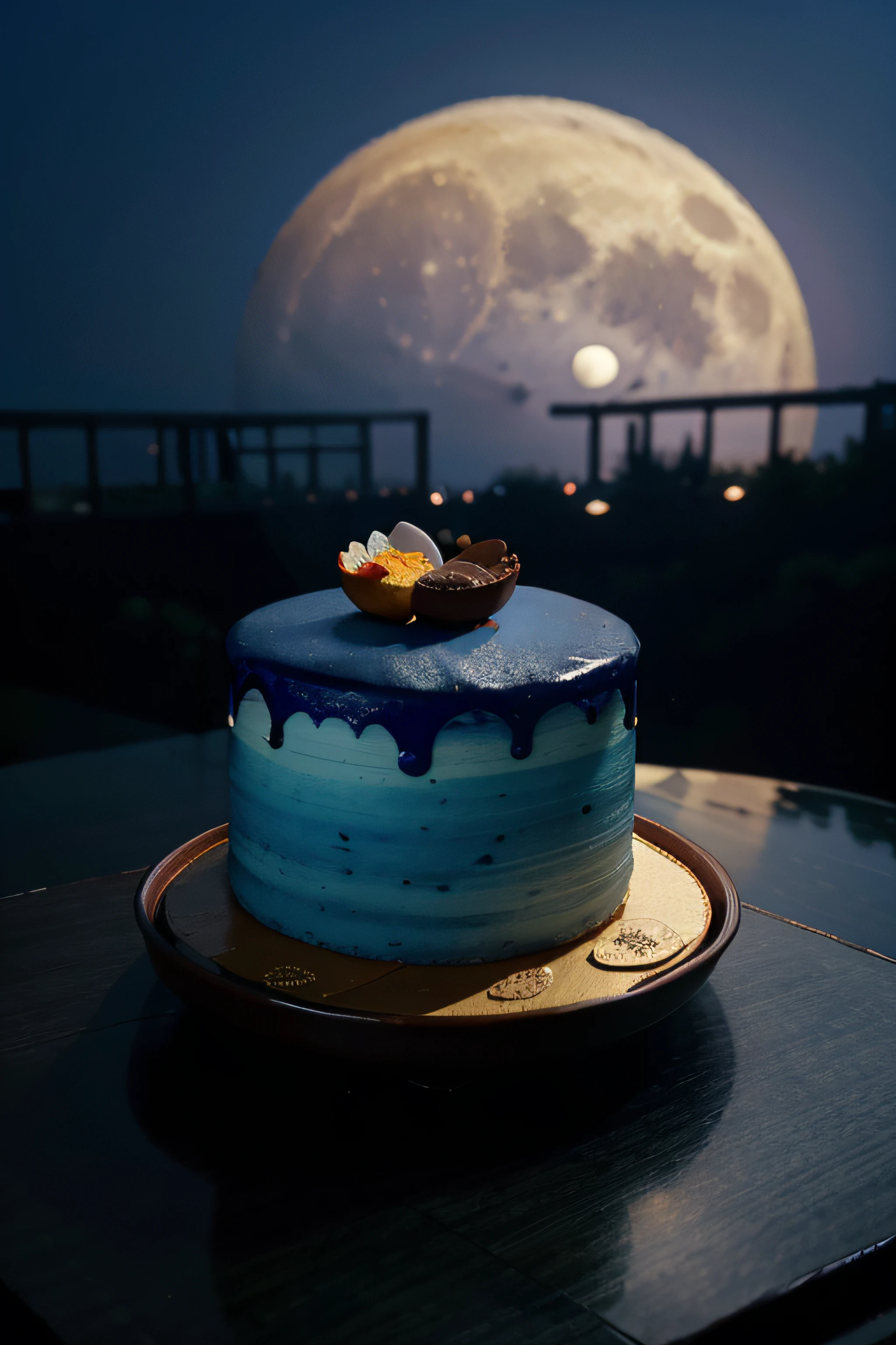 Masterpiece, Mid-Autumn Festival，delicacies{{Dorayaki cake}}，Tea，Full moon in the distance，Background of blue gradient，Anatomically correct，High quality, Best quality, A high resolution, chinese background