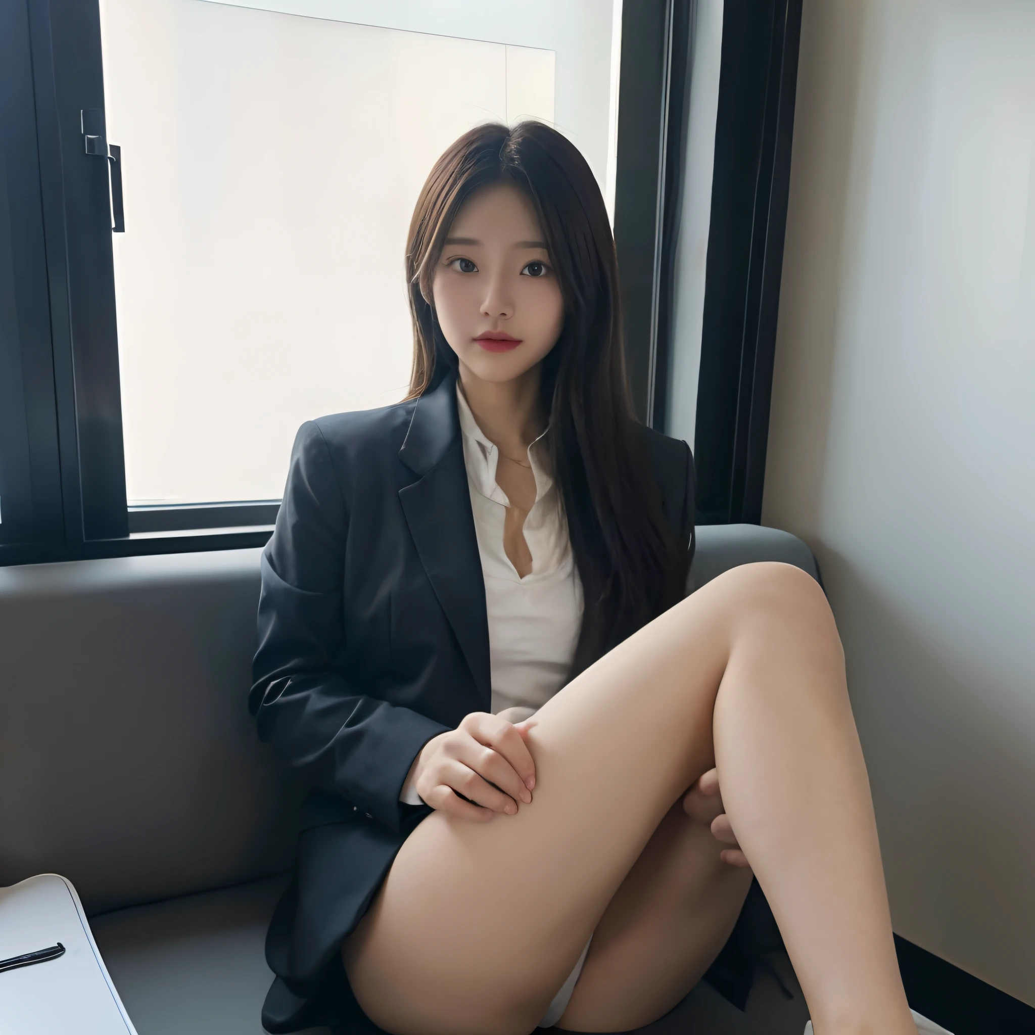 (masutepiece，8K，Best Quality，​masterpiece)，(Photorealsitic，Raw photography，Super Fine Clear，foco nítido)，Realistic light，　super-detaild skin，beautiful Korean women，1womanl，dark brown  hair，Officelady，Gray business suit，white  panties，Bend your knees and open your legs，ultradetailed eyes，Ultra detailed finger，closing eye，in the conference room，