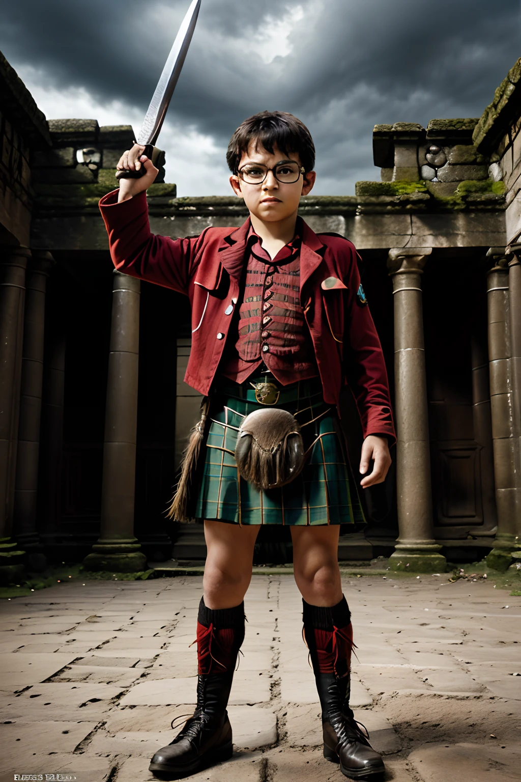 "Generate an ultra-realistic full-body photograph for a magazine cover featuring a 3-year-old boy wearing glasses, dressed as a character from the movie 'Highlander.' The setting is ancient Scotland, with the boy wearing a kilt (Scottish attire) and surrounded by warriors, holding a sword. The photo should have a large depth of field, taken from a low angle, under a cloudy sky with dark clouds. The boy strikes a warrior pose. It should be hyper-realistic and shot professionally."