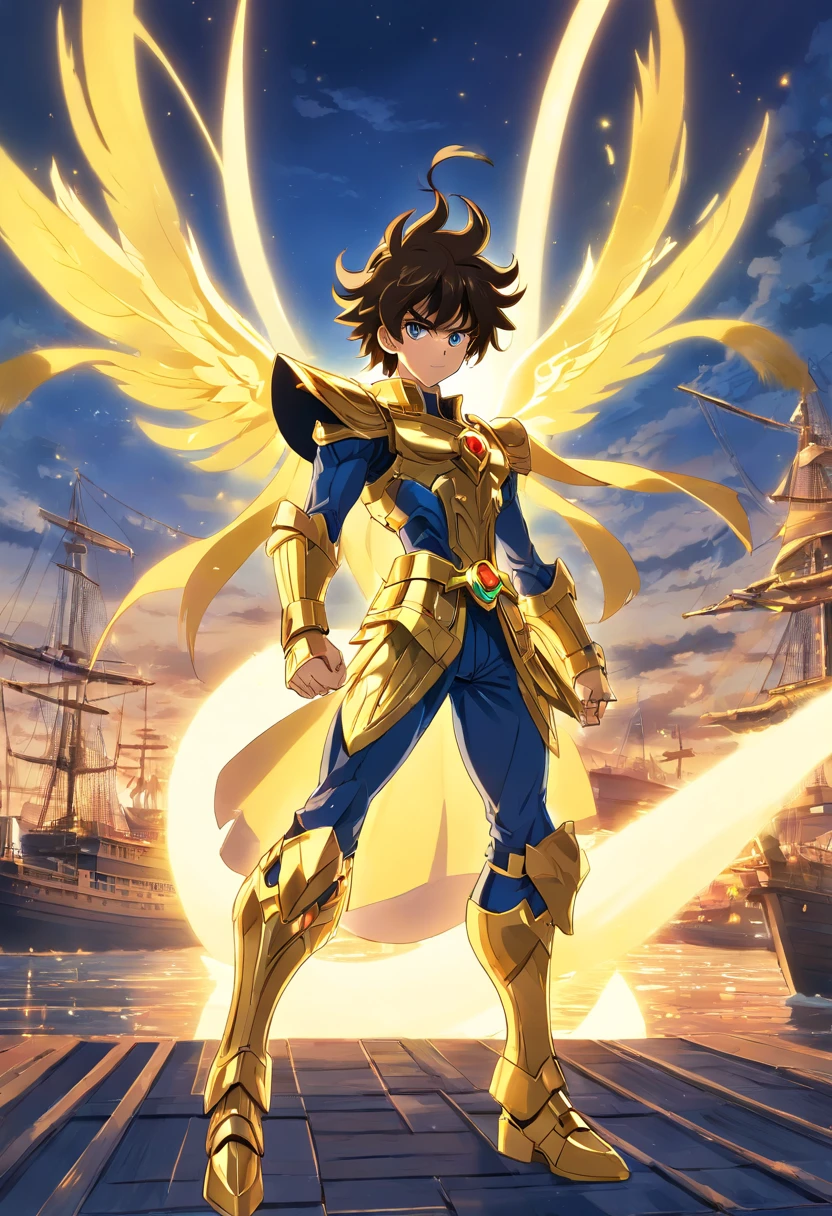 melhor quality, obra-prima, ultra-detalhado, ultra-high resolution CG unit wallpaper, best illustration, Um homem extremamente heroico, homem de 36 anos, espada nas costas, Cabelo loiro curto, barba cheia, loiro, com armadura de ouro no estilo do anime saint seiya, Cubo acima do olho direito, In front of a pirate ship in a port city, It's surrounded by yellow sacred light.