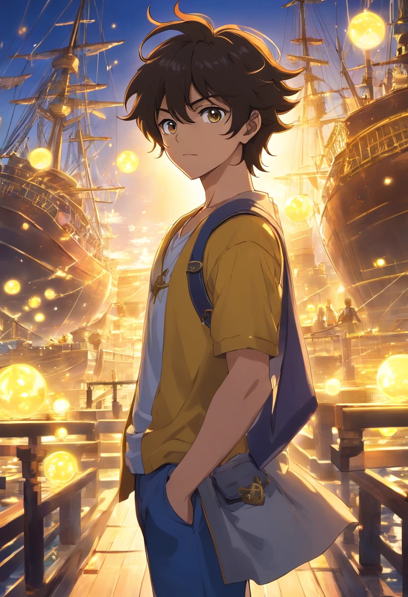 melhor quality, obra-prima, ultra-detalhado, ultra-high resolution CG unit wallpaper, best illustration, Um homem extremamente heroico, homem de 36 anos, espada nas costas, Cabelo loiro curto, barba cheia, loiro, com armadura de ouro no estilo do anime saint seiya, Cubo acima do olho direito, In front of a pirate ship in a port city, It's surrounded by yellow sacred light.