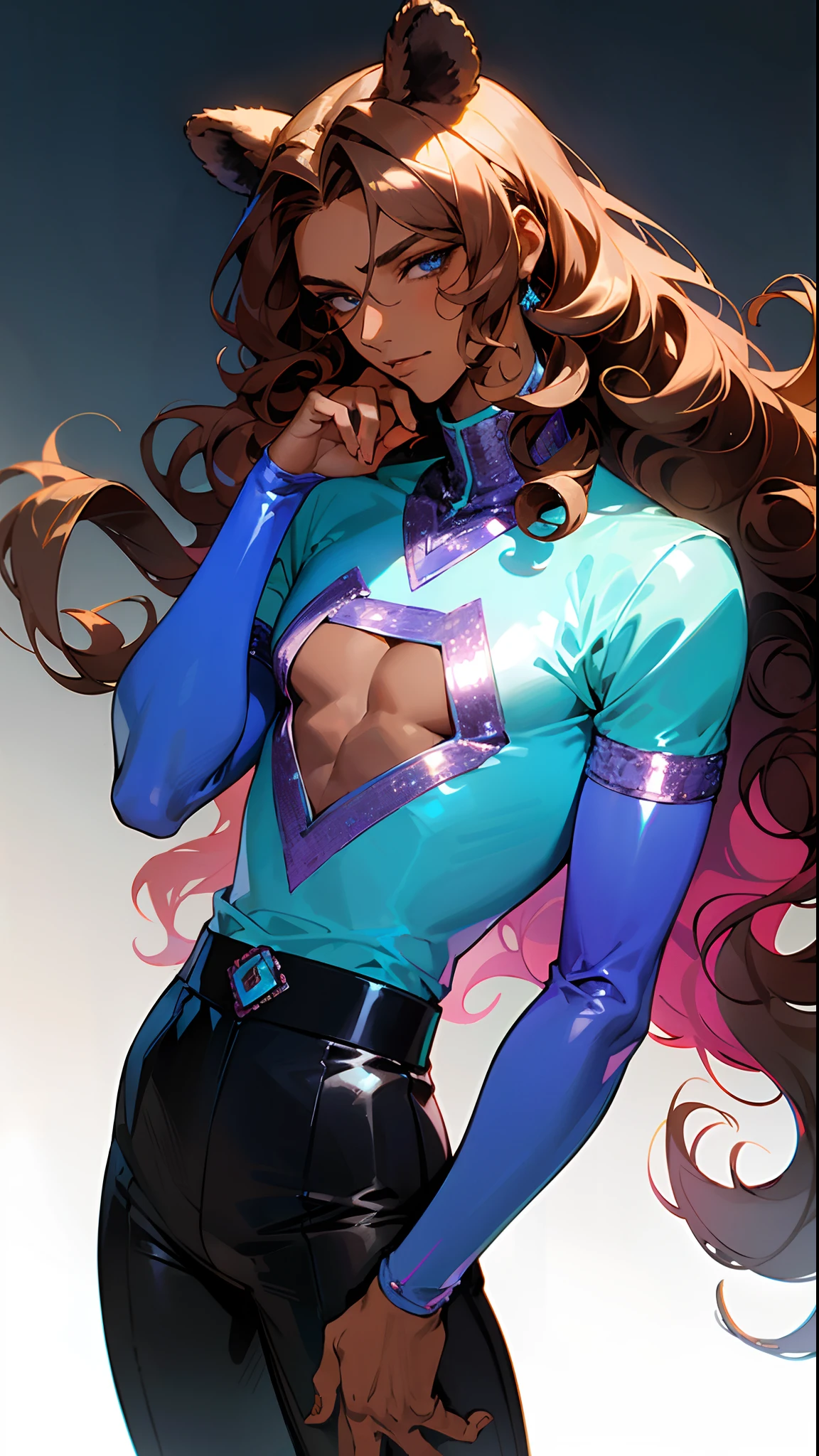 a beautiful man, extremely long hair , brown hair , light green eyes , brown skin, adult male ,Solo, male, skinny , effeminate, full lips , wearing a crop top  , big hair  , wavy hair  , skinny body , has tiger ears