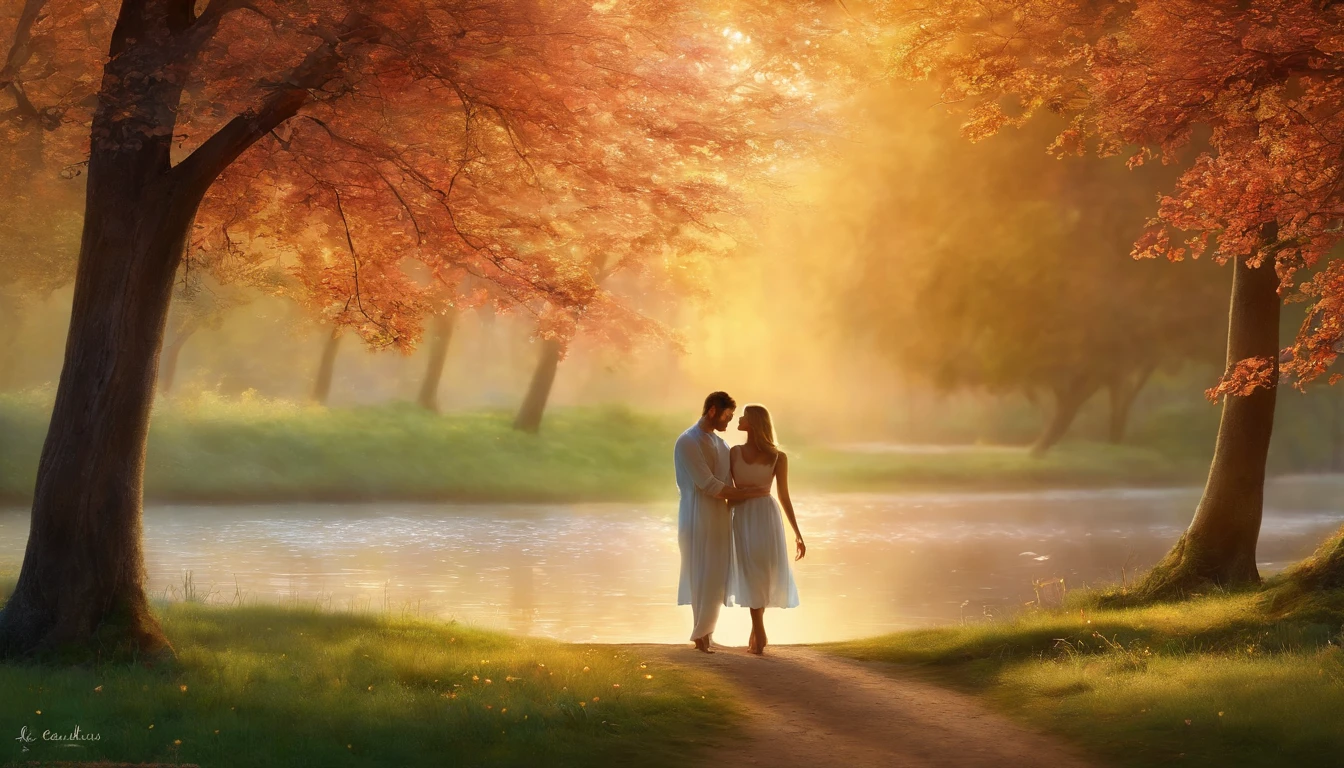 best quality,ultra-detailed,realistic,blue spring love,beautiful detailed eyes,beautiful detailed lips,soft sunlight filtering through the trees,rustling sound of leaves,gentle breeze caressing their faces,whispering of birdsong,delicate blooming flowers,serene and peaceful atmosphere,subtle color palette,artistic brushstrokes,portraits,vivid colors,sparkling water reflections,magical and dreamlike ambiance,lovers walking hand in hand,enjoying the beauty of nature,feeling the warmth of love,romantic and tender moments,unforgettable memories,unconditional love and happiness.