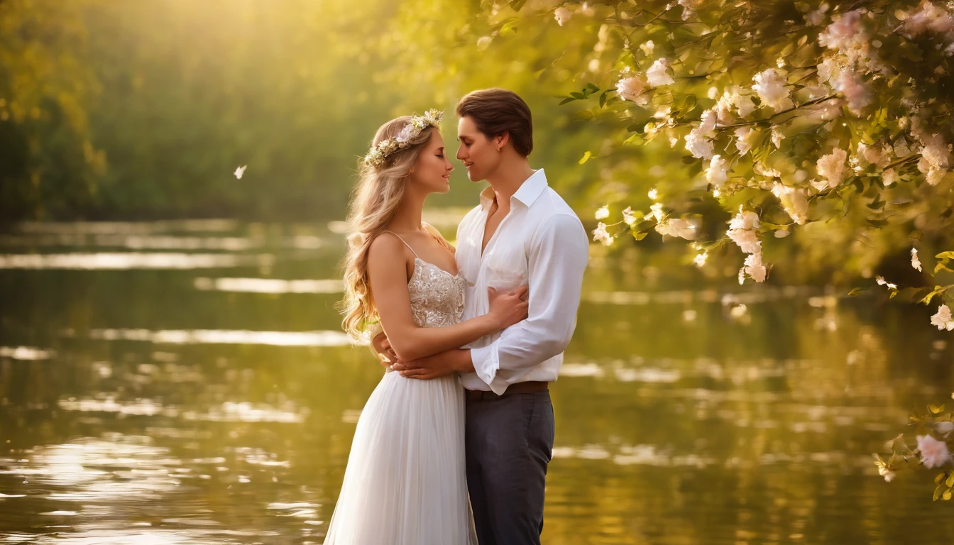 best quality,ultra-detailed,realistic,blue spring love,beautiful detailed eyes,beautiful detailed lips,soft sunlight filtering through the trees,rustling sound of leaves,gentle breeze caressing their faces,whispering of birdsong,delicate blooming flowers,serene and peaceful atmosphere,subtle color palette,artistic brushstrokes,portraits,vivid colors,sparkling water reflections,magical and dreamlike ambiance,lovers walking hand in hand,enjoying the beauty of nature,feeling the warmth of love,romantic and tender moments,unforgettable memories,unconditional love and happiness.