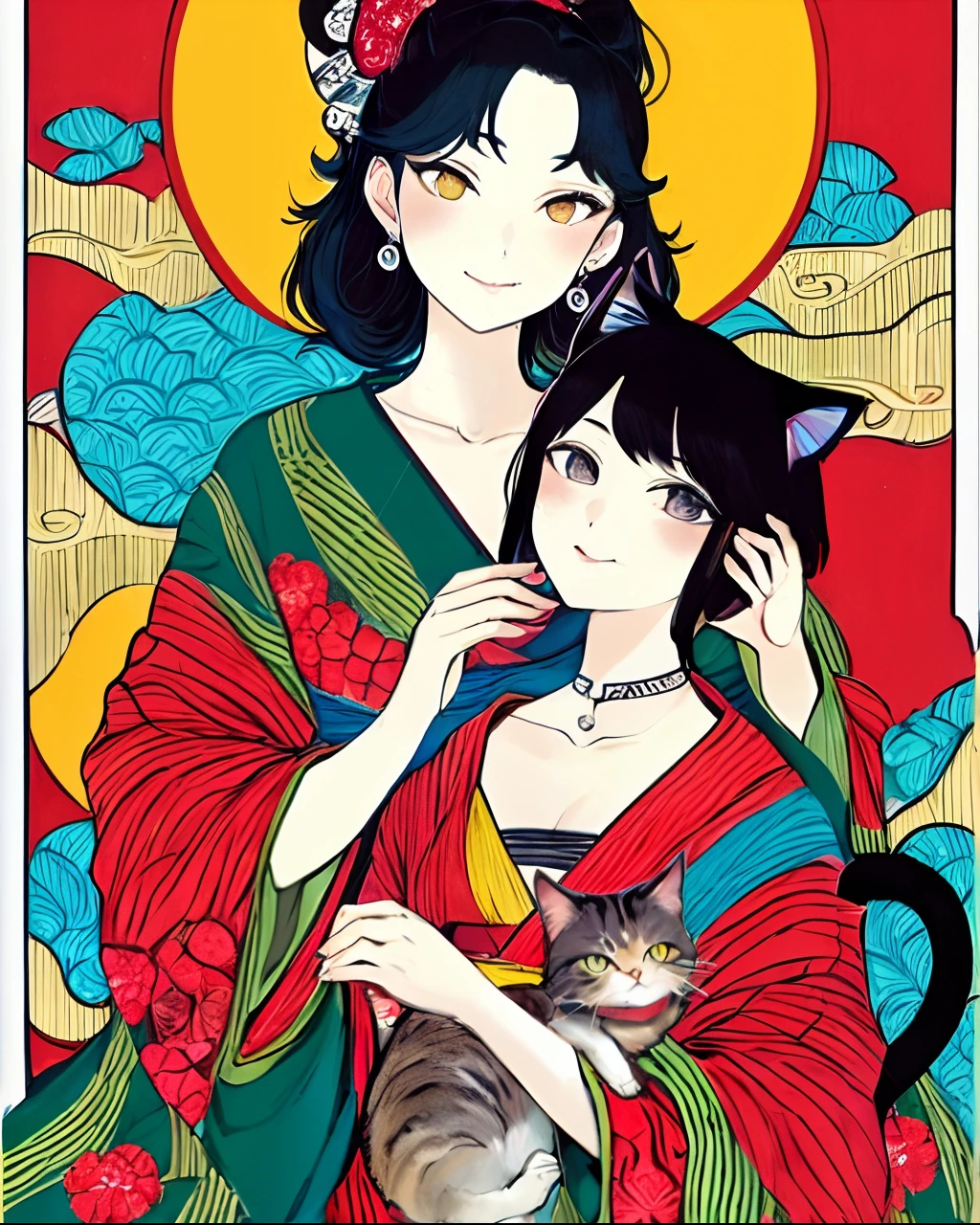 Close up portrait of woman holding cat near cat, inspired by Itō Shinsui, in the art style of ukiyo - e, japanese art style, Korean Art Nouveau Anime, Inspired by Harumi Hironaka, ukiyoe style, by Yanagawa Nobusada, satoshi kon artstyle, anime style illustration