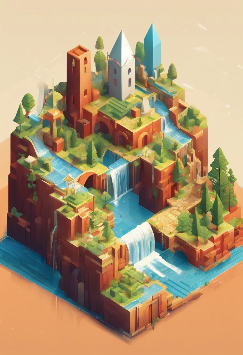 monument valley,optical illusions,cubismo,Yayoi Kusama,Escher's theory of relativity,iso-distance view,Dramaticlight,Translucent stereoscopic,Rich in color,Beautiful composition,tmasterpiece,Detailed details,k hd,Urban bridges,River forest