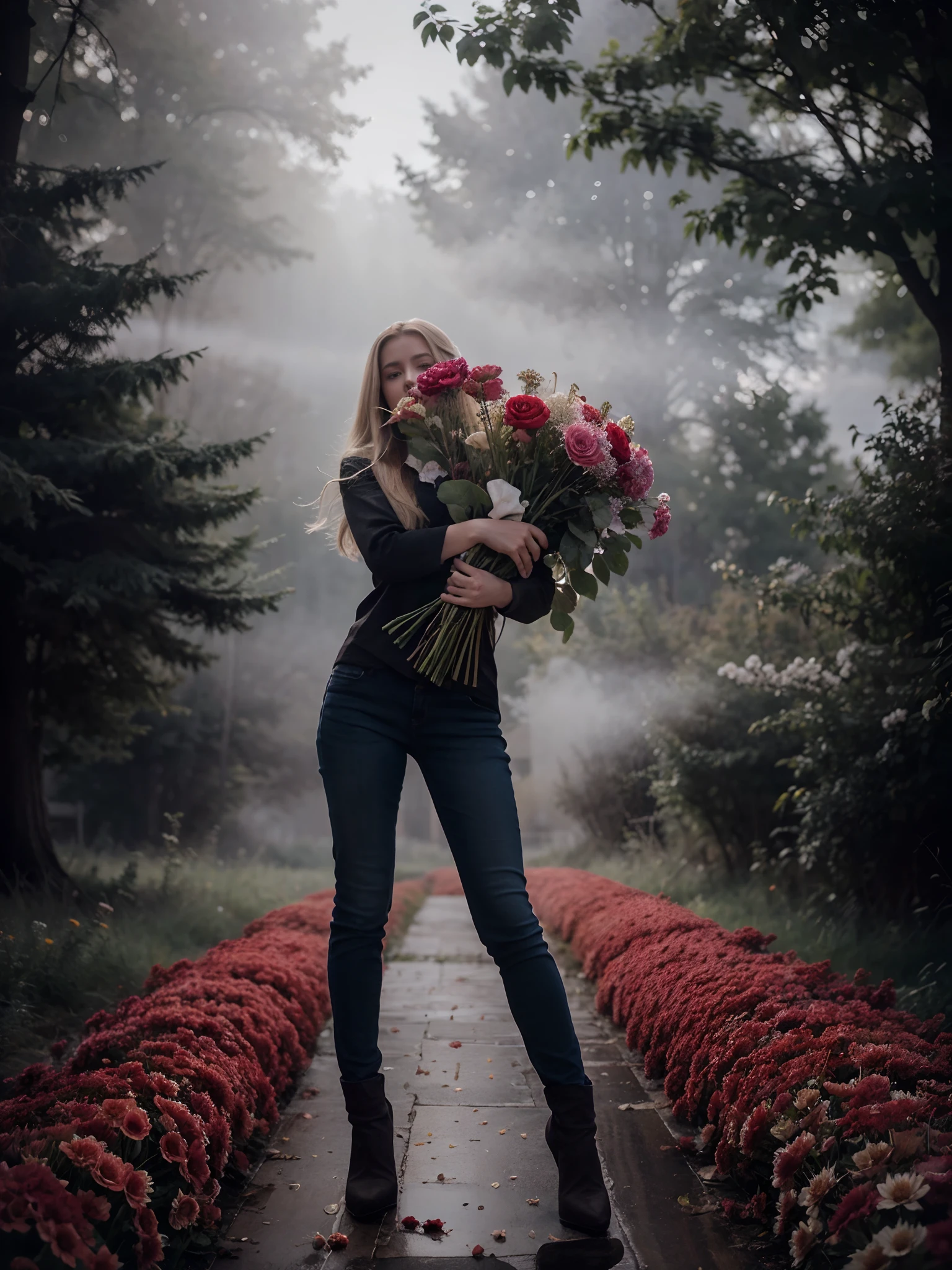 Girl with long hair, Realistic hair, Better quality, 4K quality, Drawing Hands, Detailed drawing of hands, Photo Enhancement, foto realista. light blonde hair, bunch of flowers, mist