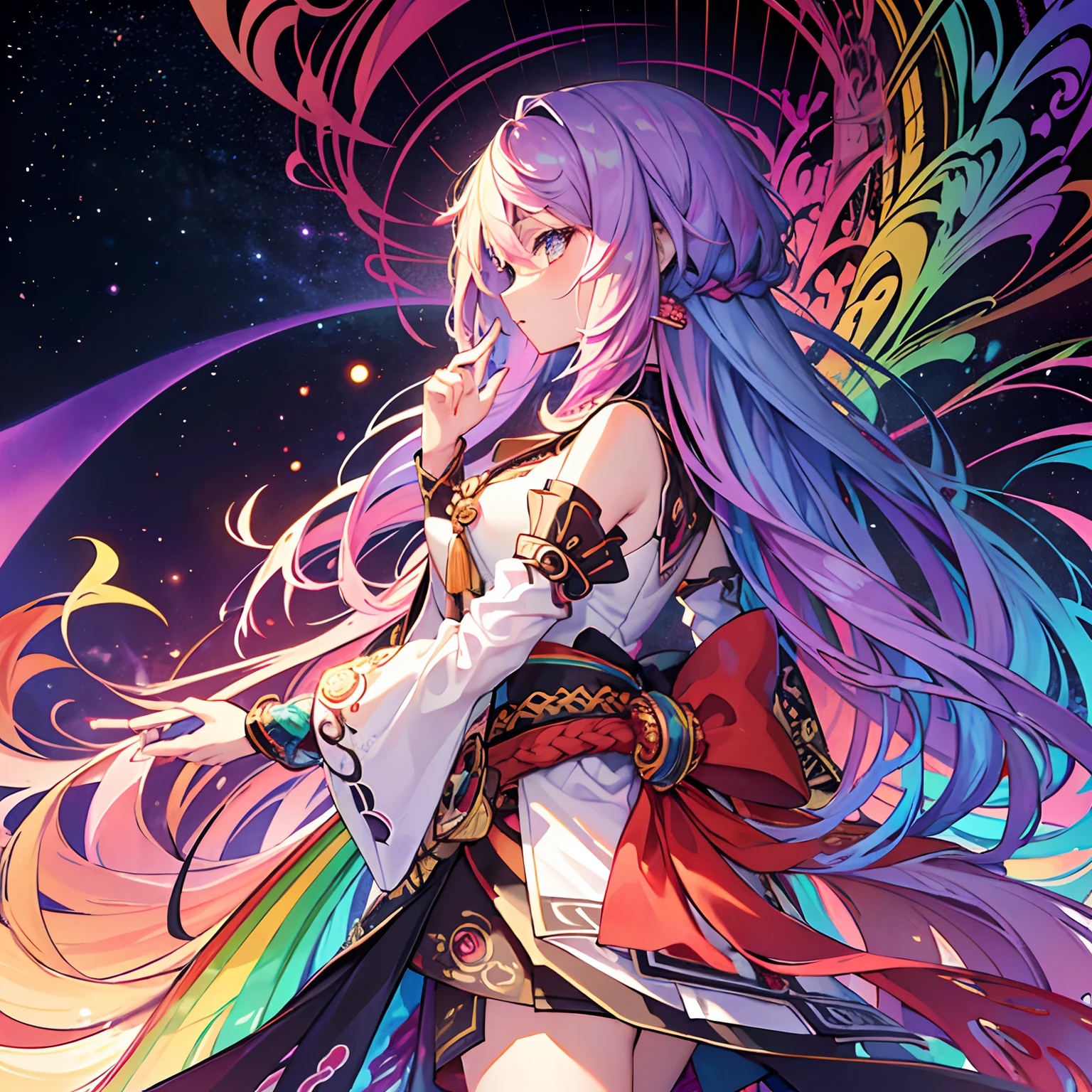 (​masterpiece、top-quality、top-quality、Afrocentric Pating(afro)、Official art、Beautifully Aesthetic:1.2)、(1girl in:1.3)、(Fractal Art:1.3)、The upper part of the body、From Side、looking at the viewers、patterns、(rainbow-colored hair、colourful hair、African Ink、​​clouds、starrysky、stele、Splashes of bright colors、Rough kanji、