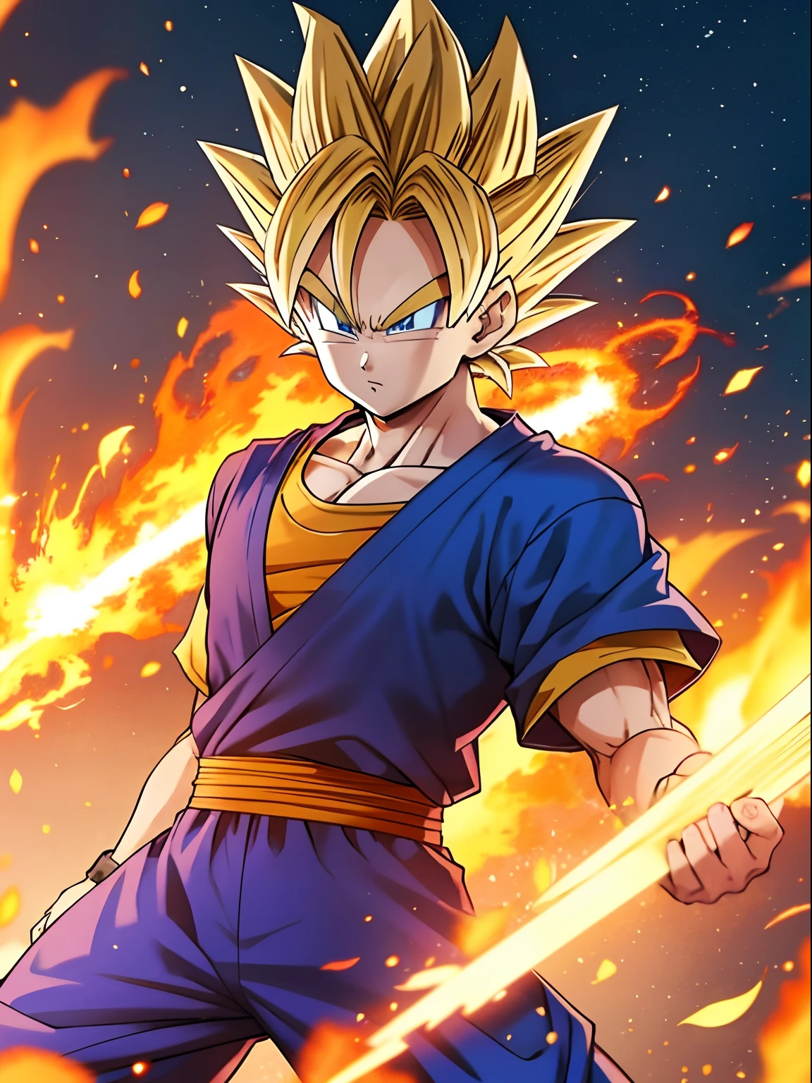 Dragon Ball alone in combat and looking at the camera and there is fire behind him