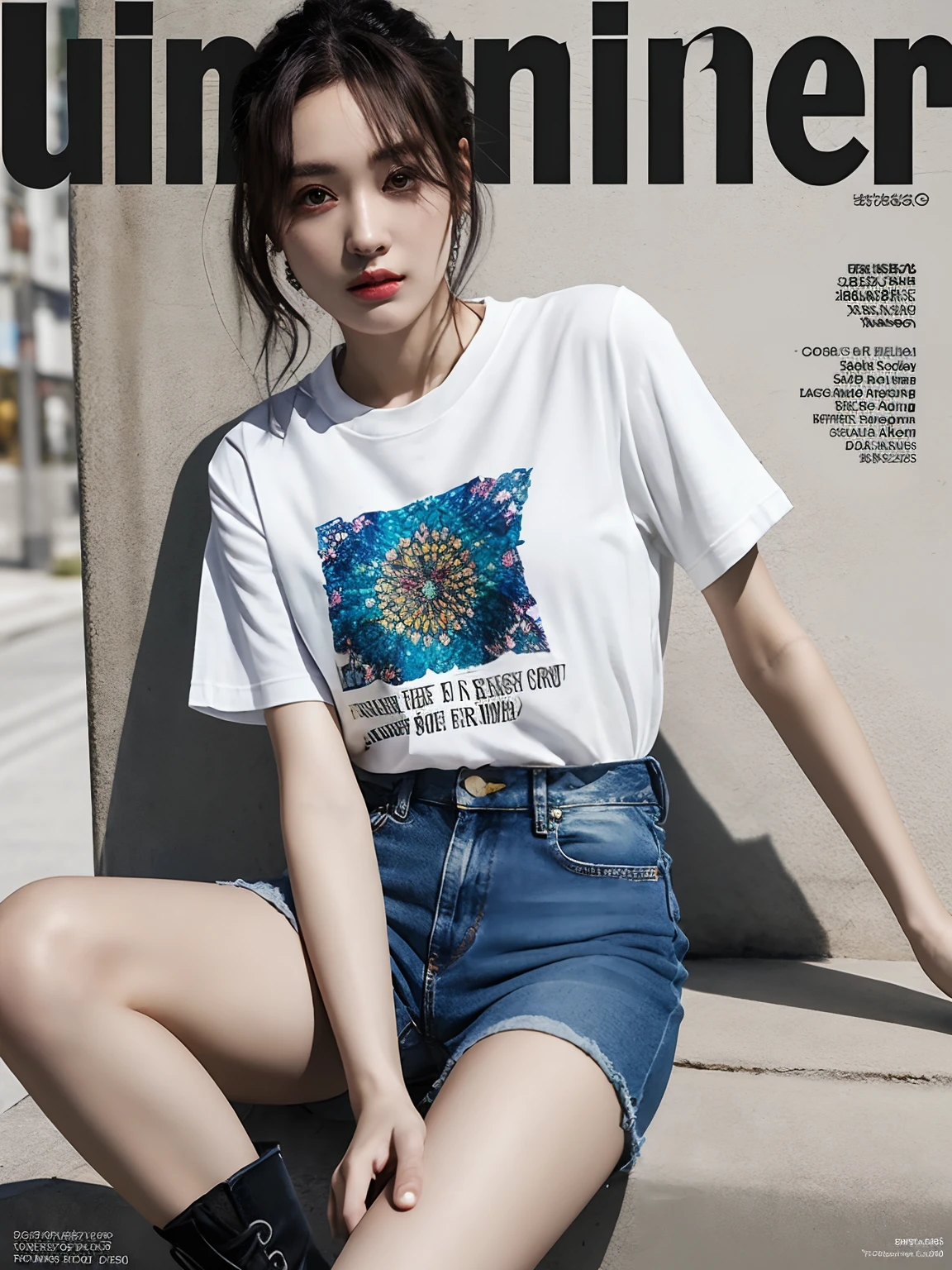 Slim girl with extremely long and spiky black hair, dark red eyes with a scar on the left eye, pale skin, long-sleeved T-shirt and bright blue denim pants 