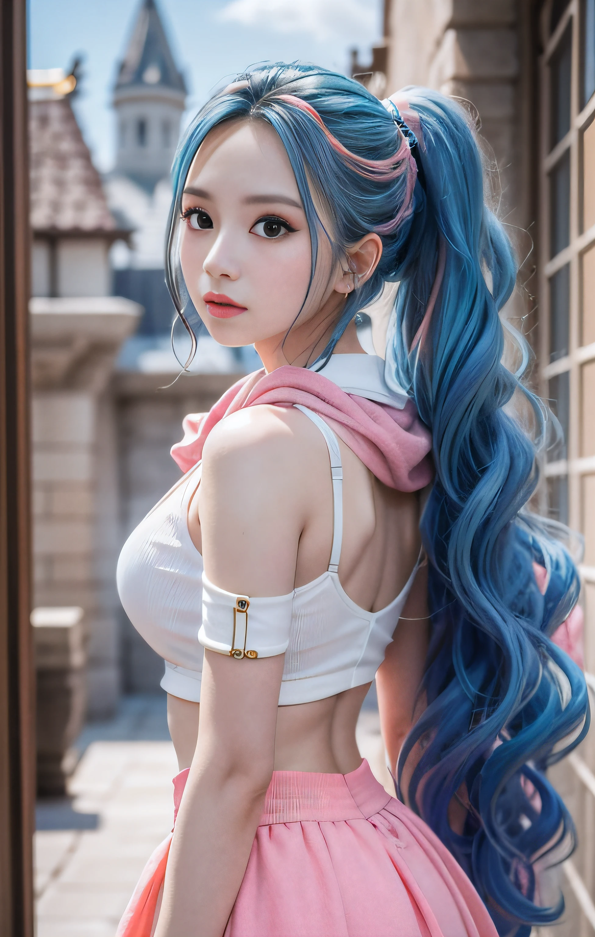 masutepiece, Best Quality,8K,highest grade, absurderes, Extremely detailed, nefertari vivi, 1 girl, Solo, Looking at Viewer, long wavy light blue hair, with two locks hanging down, one on either side of her head, which started out at about chin-length, She is most often、I wear it with my hair pulled back into a ponytail, and brown eyes, she is wearing a dancer outfit with a blue-pink top, blue-pink long skirt, and a white scarf, (Castle background),///,Details Eye Makeup