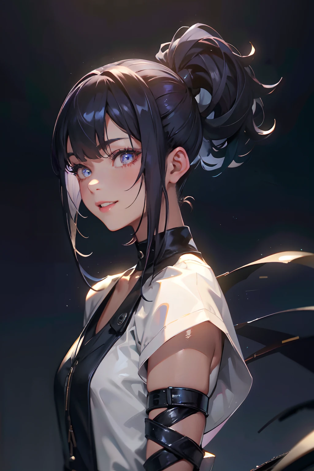 a 20 yo woman、Black blue Hair、Twin-tailed、Big smile、(hi-top fade:1.3)、dark themed、Muted Tones、Subdued Color、highly contrast、(natural skin textures、Hyper-Realism、Soft light、sharp)