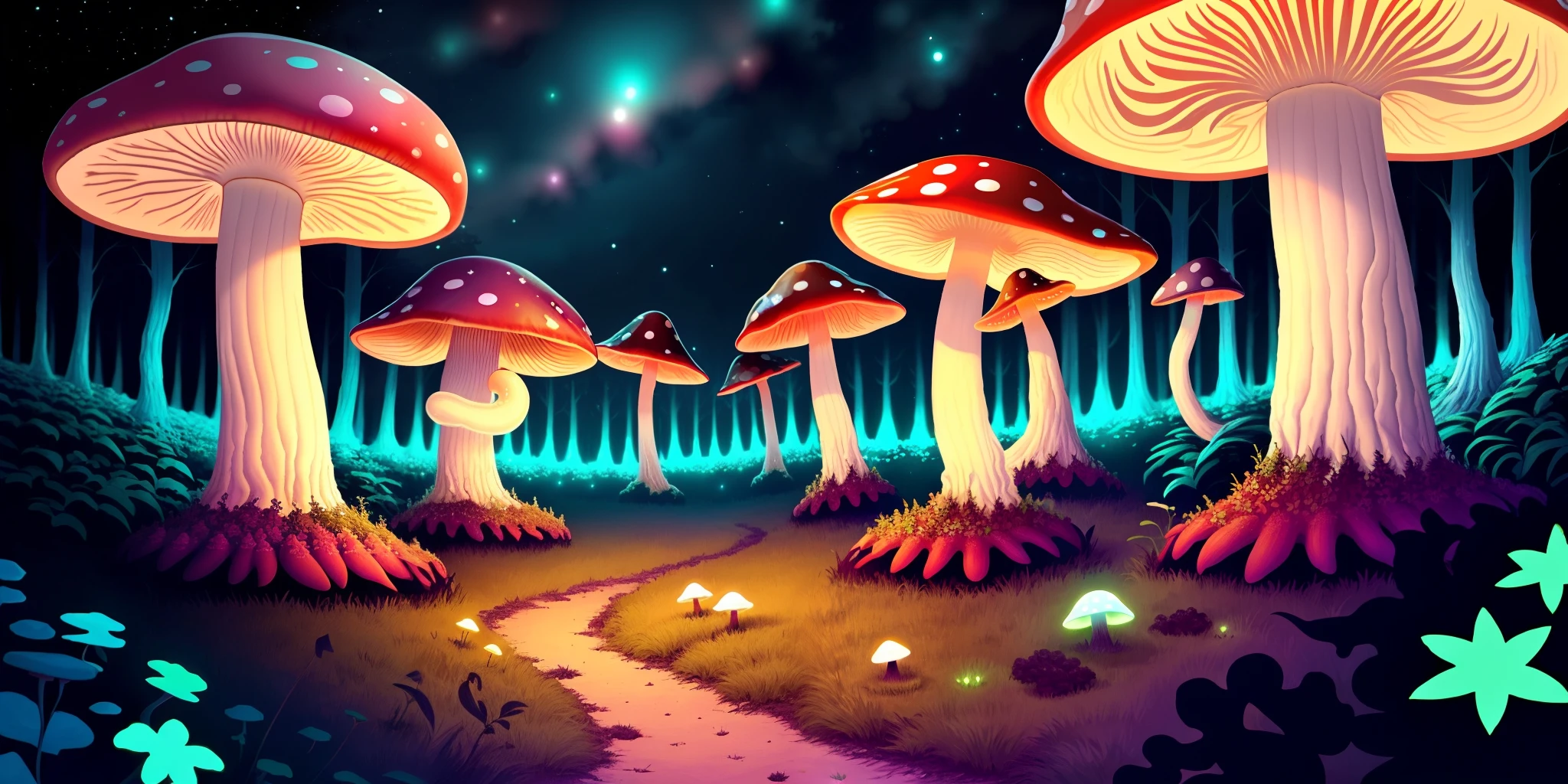 Mushroom forest that glows cyan in the night black night sky with small red stars and weed plants all over the ground