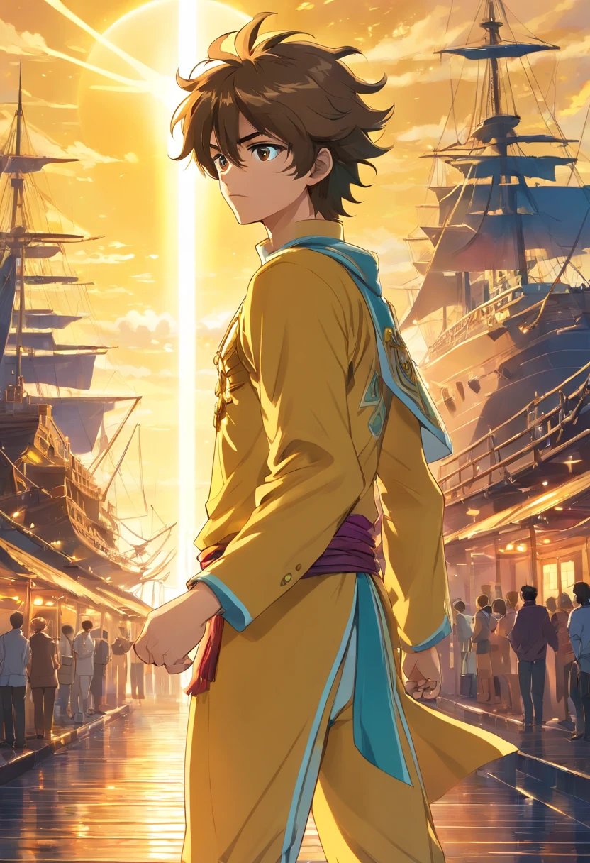 melhor quality, obra-prima, ultra-detalhado, ultra-high resolution CG unit wallpaper, best illustration, Um homem extremamente heroico, homem de 36 anos, espada nas costas, Cabelo loiro curto, barba cheia, loiro, com armadura de ouro no estilo do anime saint seiya, Cubo acima do olho direito, In front of a pirate ship in a port city, It's surrounded by yellow sacred light.