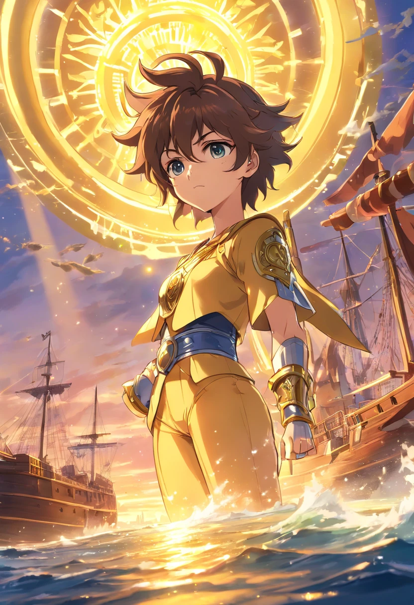 melhor quality, obra-prima, ultra-detalhado, ultra-high resolution CG unit wallpaper, best illustration, Um homem extremamente heroico, homem de 36 anos, espada nas costas, Cabelo loiro curto, barba cheia, loiro, com armadura de ouro no estilo do anime saint seiya, Cubo acima do olho direito, In front of a pirate ship in a port city, It's surrounded by yellow sacred light.