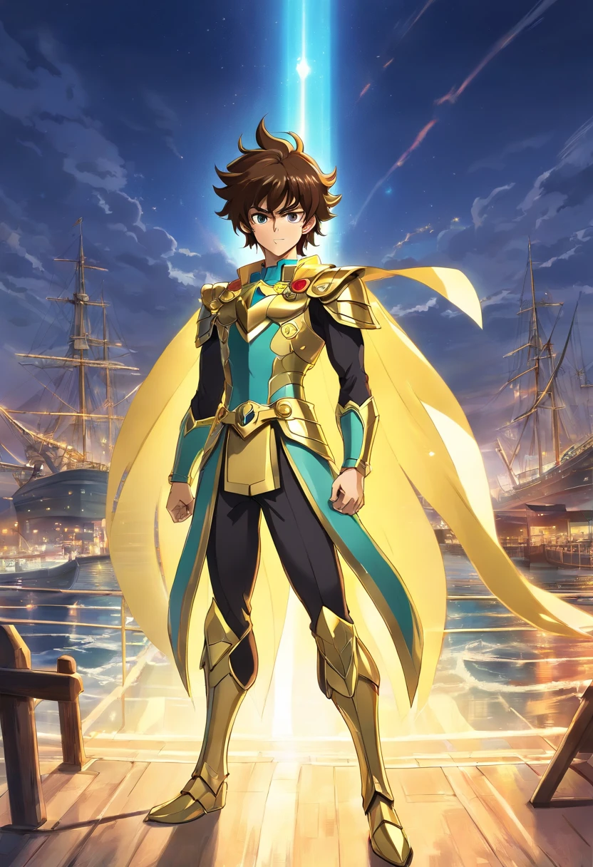 melhor quality, obra-prima, ultra-detalhado, ultra-high resolution CG unit wallpaper, best illustration, Um homem extremamente heroico, homem de 36 anos, espada nas costas, Cabelo loiro curto, barba cheia, loiro, com armadura de ouro no estilo do anime saint seiya, Cubo acima do olho direito, In front of a pirate ship in a port city, It's surrounded by yellow sacred light.