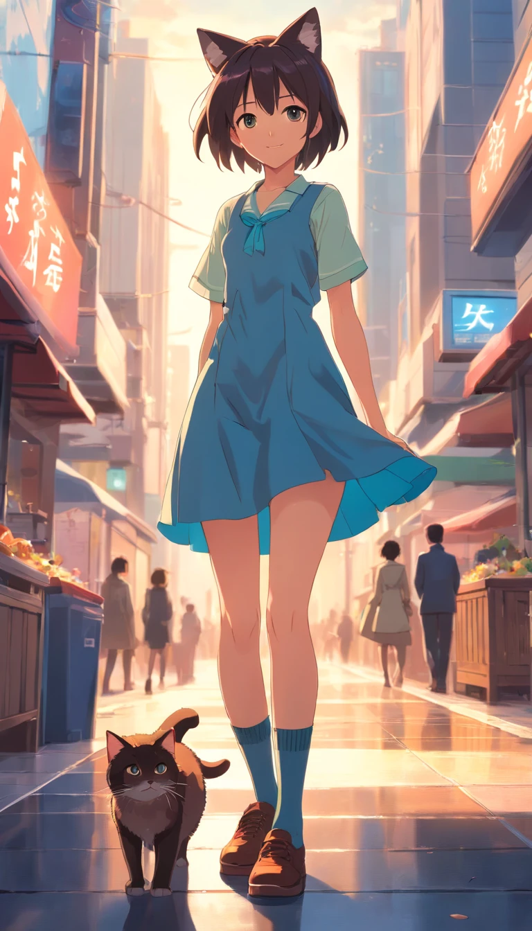 best qualtiy, tmasterpiece, 超高分辨率, realisticlying, 1 girl, Cute dress,Cat ears,Leg socks,leather shoes,Maple Grove,,ssmile,wide angles
