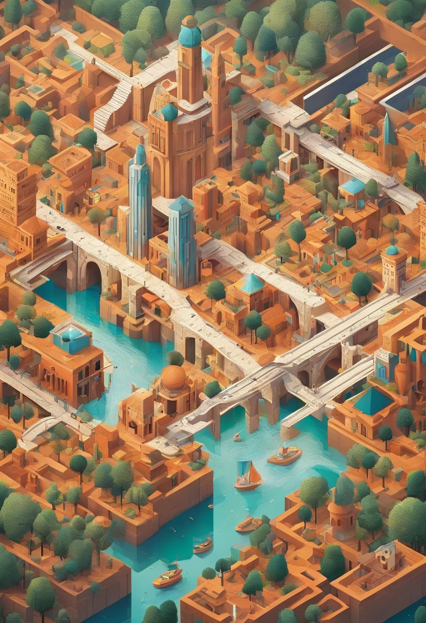 monument valley，optical illusions，cubismo，Yayoi Kusama，Escher's theory of relativity，iso-distance view,Dramaticlight,Translucent stereoscopic,Rich in color,Beautiful composition，tmasterpiece,Detailed details,k hd,Urban bridges，River forest