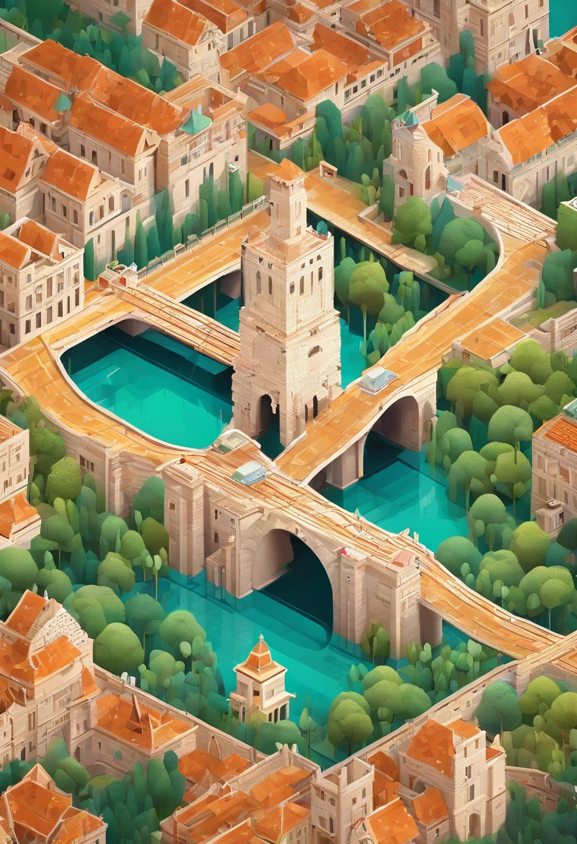 monument valley,optical illusions,cubismo,Yayoi Kusama,Escher's theory of relativity,iso-distance view,Dramaticlight,Translucent stereoscopic,Rich in color,Beautiful composition,tmasterpiece,Detailed details,k hd,Urban bridges,River forest