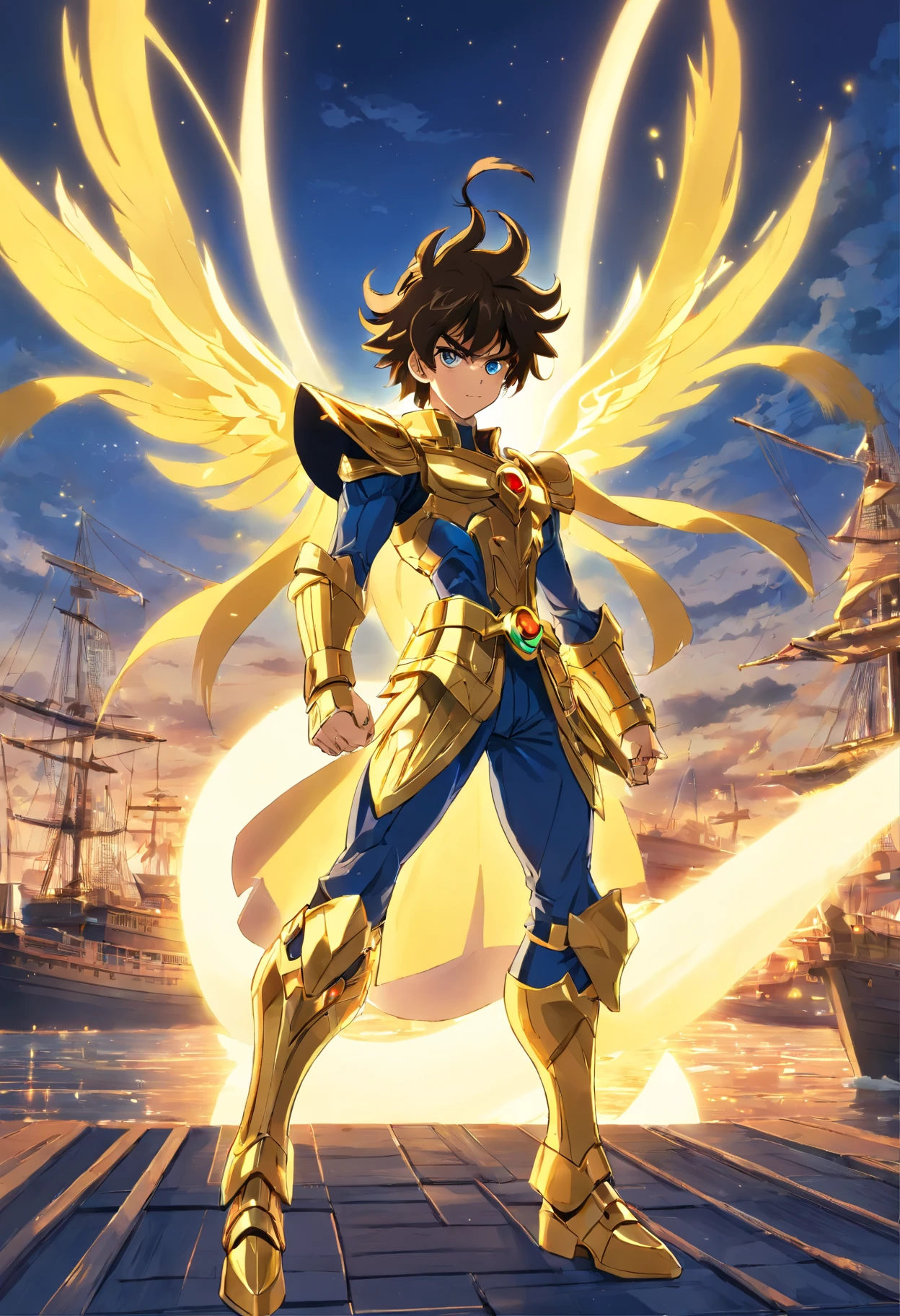 melhor quality, obra-prima, ultra-detalhado, ultra-high resolution CG unit wallpaper, best illustration, Um homem extremamente heroico, homem de 36 anos, espada nas costas, Cabelo loiro curto, barba cheia, loiro, com armadura de ouro no estilo do anime saint seiya, Cubo acima do olho direito, In front of a pirate ship in a port city, It's surrounded by yellow sacred light.
