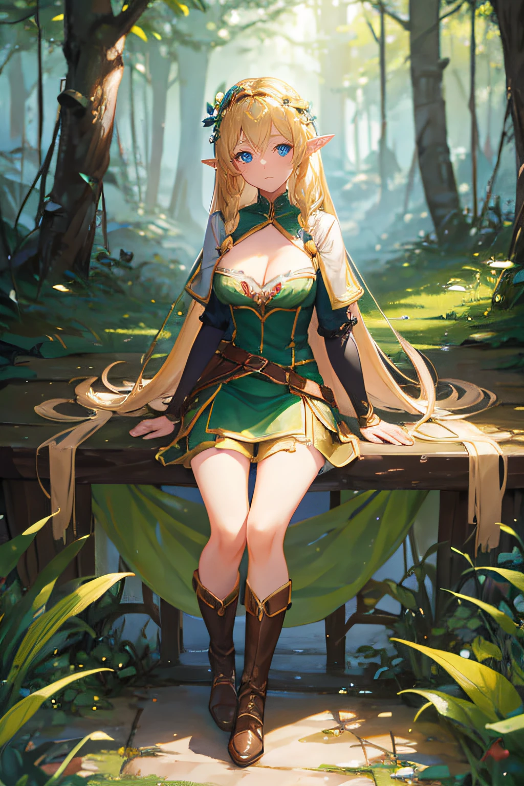 1girl, elf, blonde hair, deep blue eyes, long hair, bangs cover her forehead, braids, soft and shiny hair, green ribbons, Floral hair ornaments, calmness, intelligence, kind, gentle, stubborn, prideful, costume of the elves, The costume is green and brown in color and it is made of animal fur and feathers, light and sturdy costume, short sleeves, short skirt, leather armor, cleavage, leather shoes, a bow, forest, middle age, fantasy,