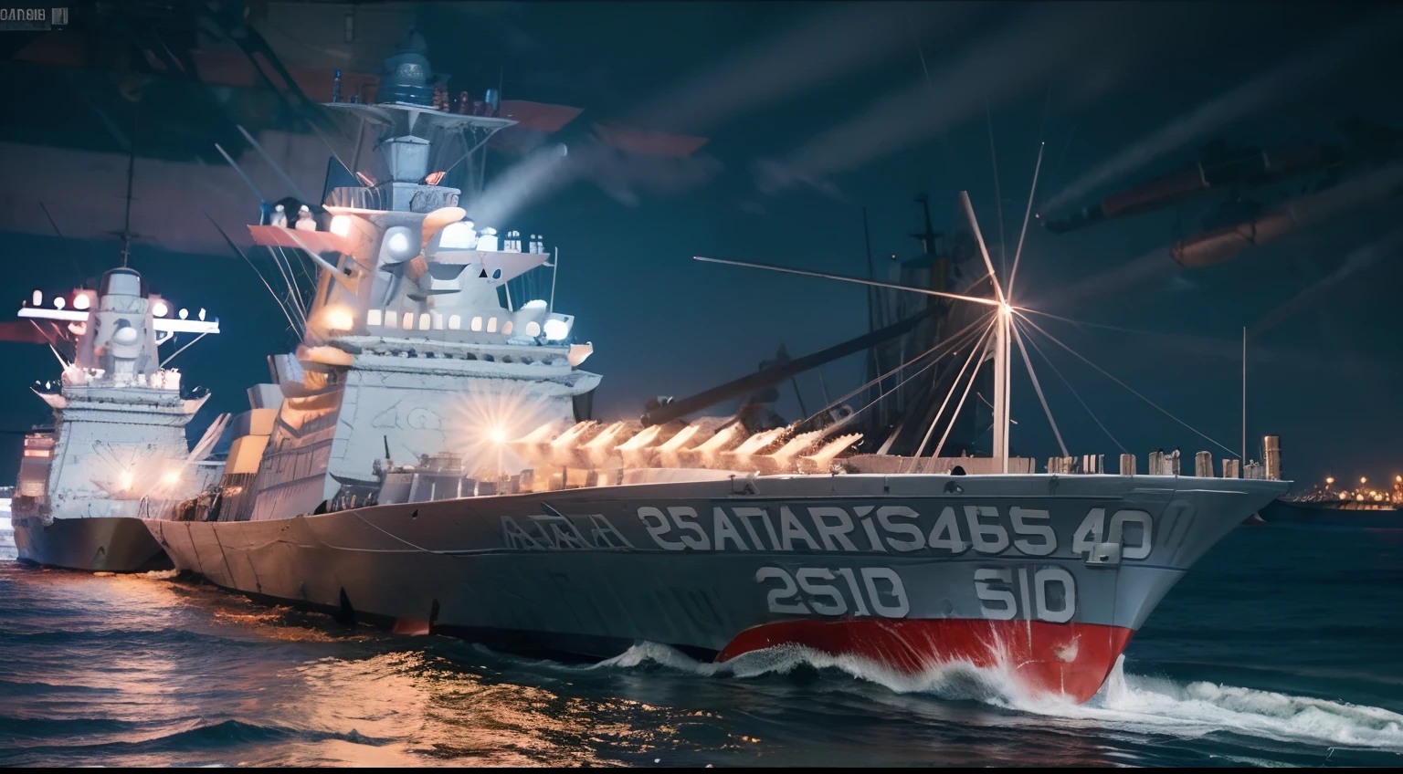 45
(a 25yo woman), (A hyper-realistic), (Masterpiece), Naval port at night, military outfits, (warships:1.46), (breast:0.8)