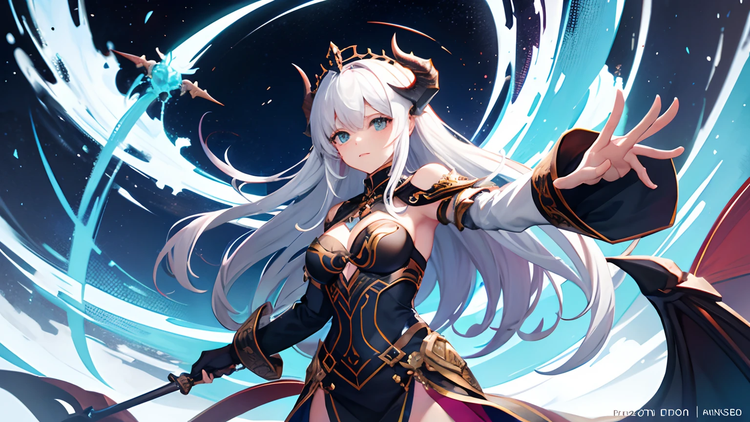 (Golden Ratio:1.2),[(black background:1.4)::10],(masterpiece), (best quality), (ultra detailed),(disheveled hair),(illustration),(1 girl:1.3),solo,full body,white hair, asymmetrical hair, crossed bangs, twintails, hair strand, covered eyes, lolita hairband, purple hairband, long pointy ears,(black knight armored:1.3)+(holding the golden sword:1.3)+(eye headgear:1.2),(colorful flame flying:1.3), (chaotic geometric images:1.3),(nagative space:0.8),(drawing board:1.3), (ether colorful ink flowing:1.3),(sitting on the black stone throne:1.2)+(Ivory white temple load-bearing columns:1.3)+[(Inception:1.2)], expressionless, long twintails, interior architecture, Hyperrealism, chiaroscuro, depth of field, pillarboxed, wide shot, UHD, super detail, high quality, 1080P, high details, anatomically correct