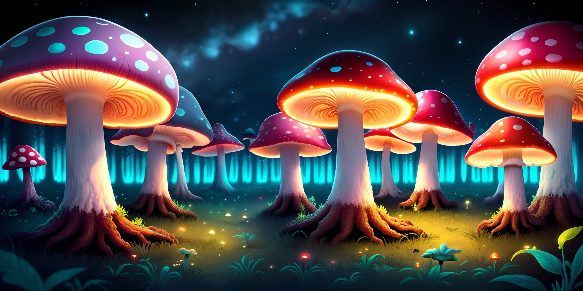 Mushroom forest that glows cyan in the night black night sky with small red stars and weed plants all over the ground