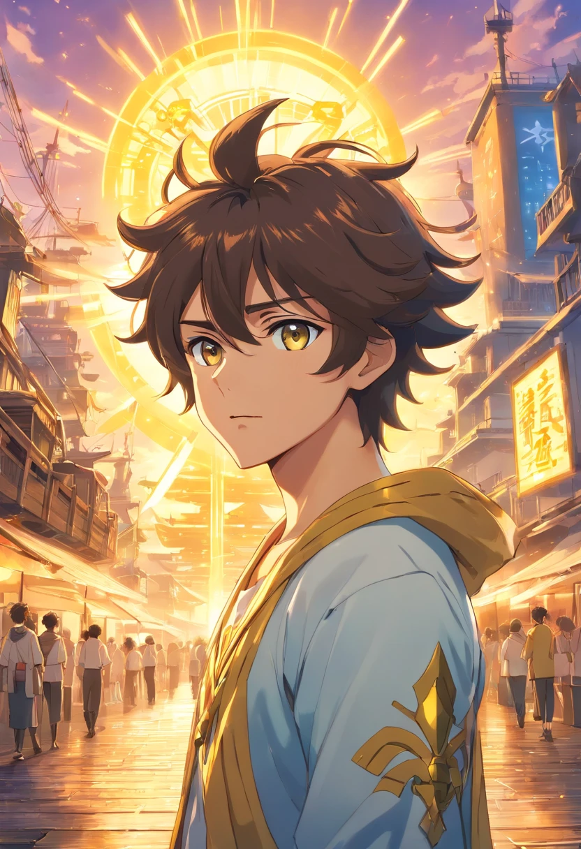 melhor quality, obra-prima, ultra-detalhado, ultra-high resolution CG unit wallpaper, best illustration, Um homem extremamente heroico, homem de 36 anos, espada nas costas, Cabelo loiro curto, barba cheia, loiro, com armadura de ouro no estilo do anime saint seiya, Cubo acima do olho direito, In front of a pirate ship in a port city, It's surrounded by yellow sacred light.