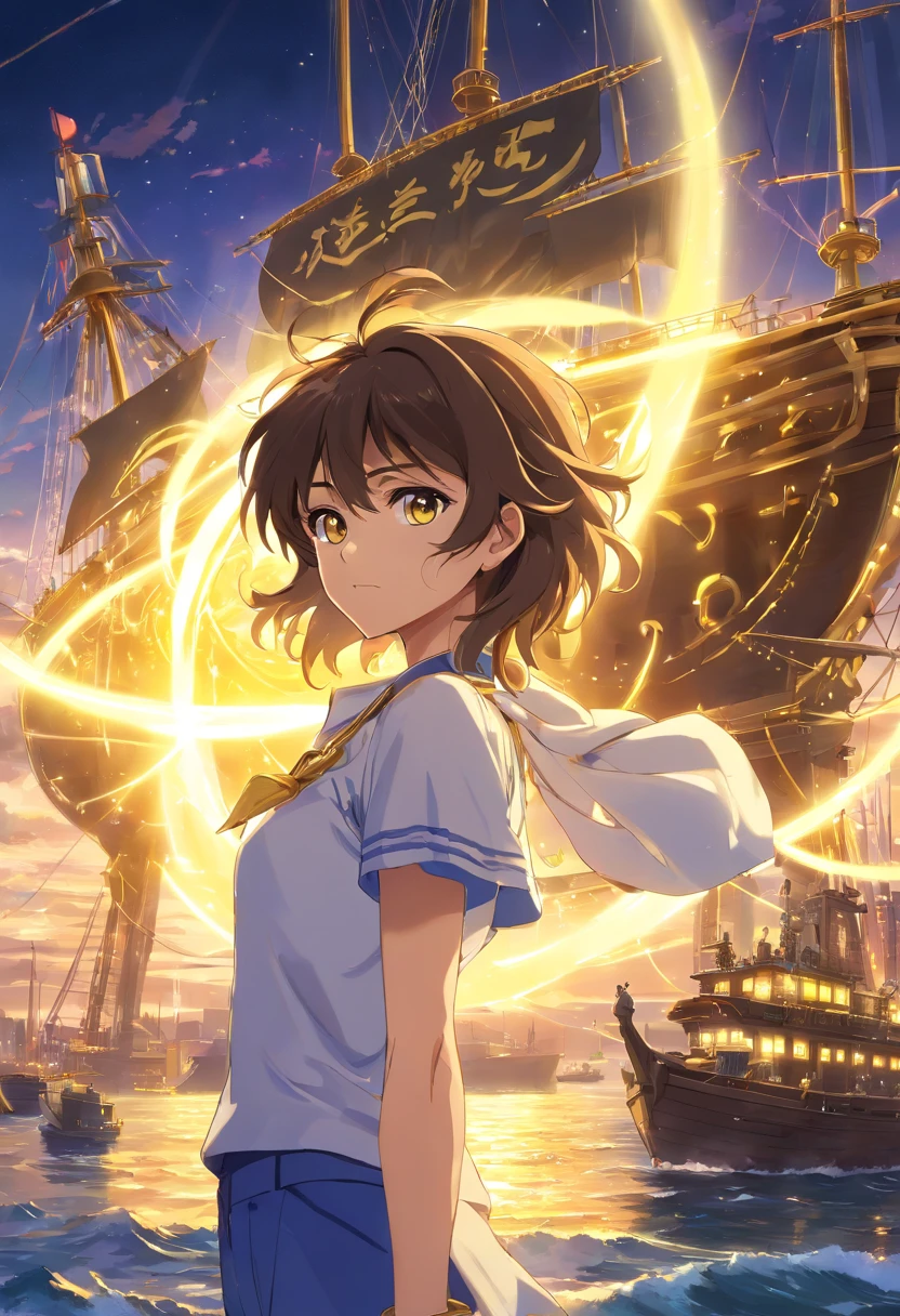 melhor quality, obra-prima, ultra-detalhado, ultra-high resolution CG unit wallpaper, best illustration, Um homem extremamente heroico, homem de 36 anos, espada nas costas, Cabelo loiro curto, barba cheia, loiro, com armadura de ouro no estilo do anime saint seiya, Cubo acima do olho direito, In front of a pirate ship in a port city, It's surrounded by yellow sacred light.