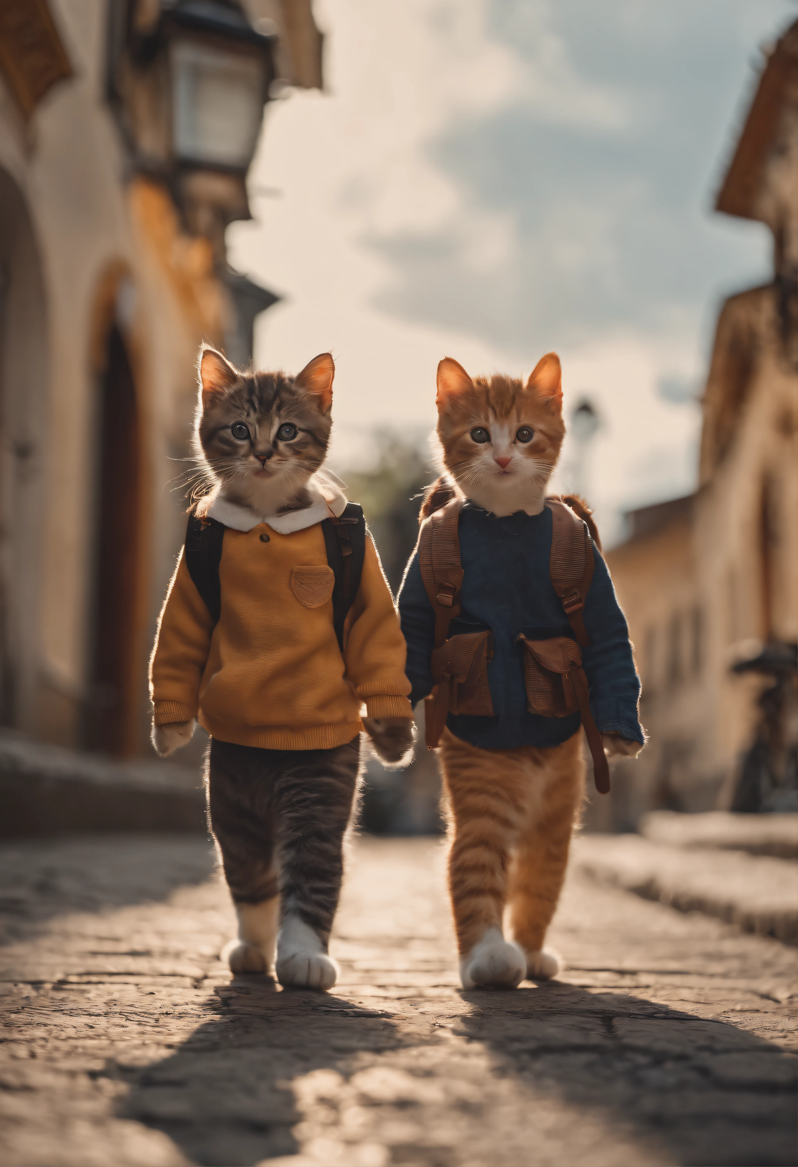 I have two kittens, a cute little cat, cute kittens, Cutest, Incredibly cute, Adorable and cute, And cute and lovely. They are walking down the street with backpacks, Walking together, commute, Proudly walk down the street, And the cat is walking. They are cute in the style of 🍂 and 🍁, Adorable and cute, Cute and adorable, oh, nice and cute. They are known as real-life Tom and Jerry.