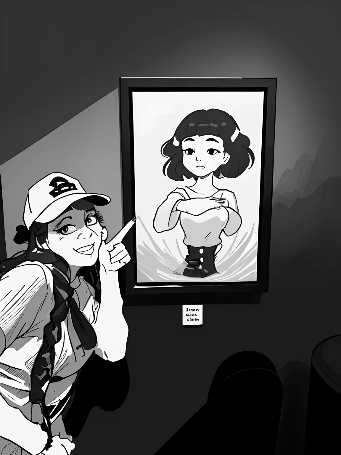 pencil drawing, lineart, monochrome, woman in a white shirt and black hat pointing at a painting, in an art gallery