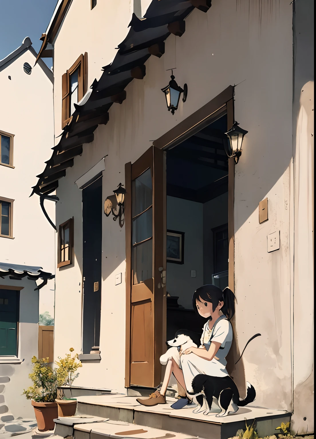 Masterpiece,Best quality,Emblem-style architecture,The girl sat in front of the door,The dog is on the side