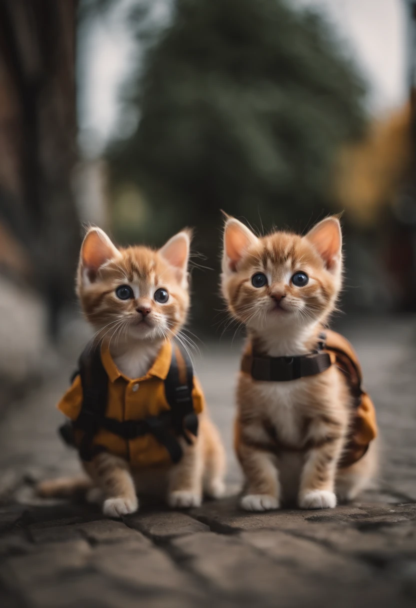I have two kittens, a cute little cat, Cute kittens, adolable, Incredibly cute, cute cute, And cute and cute. they are walking down the street with their backpacks on, walking together, commute, proudly walking down the street, the cat is walking. They are cute in the style of 🍂 and 🍁, cute cute, cute cute, oh, prettyandcute. They are known as the real-life Tom and Jerry.