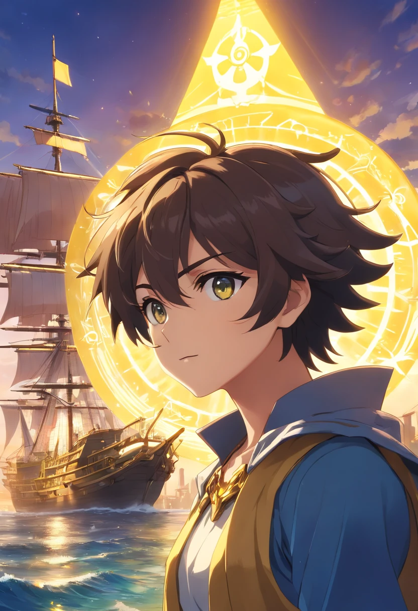 melhor quality, obra-prima, ultra-detalhado, ultra-high resolution CG unit wallpaper, best illustration, Um homem extremamente heroico, homem de 36 anos, espada nas costas, Cabelo loiro curto, barba cheia, loiro, com armadura de ouro incrivelmente detalhada no estilo do anime saint seiya, Cubo acima do olho direito, In front of a pirate ship in a port city, It's surrounded by yellow sacred light.