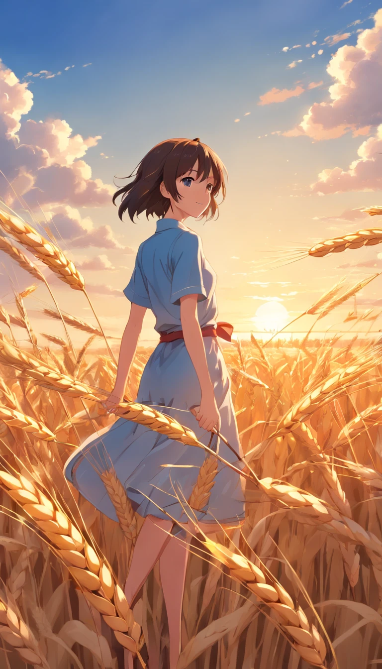 Best quality, (Extremely detailed CG unified 8K wallpaper) (Best quality), (Best Illustration), (Best shade) Naturally harvested wheat, Super detailed, Harvesters, White clouds, Blue sky, No Man --v6