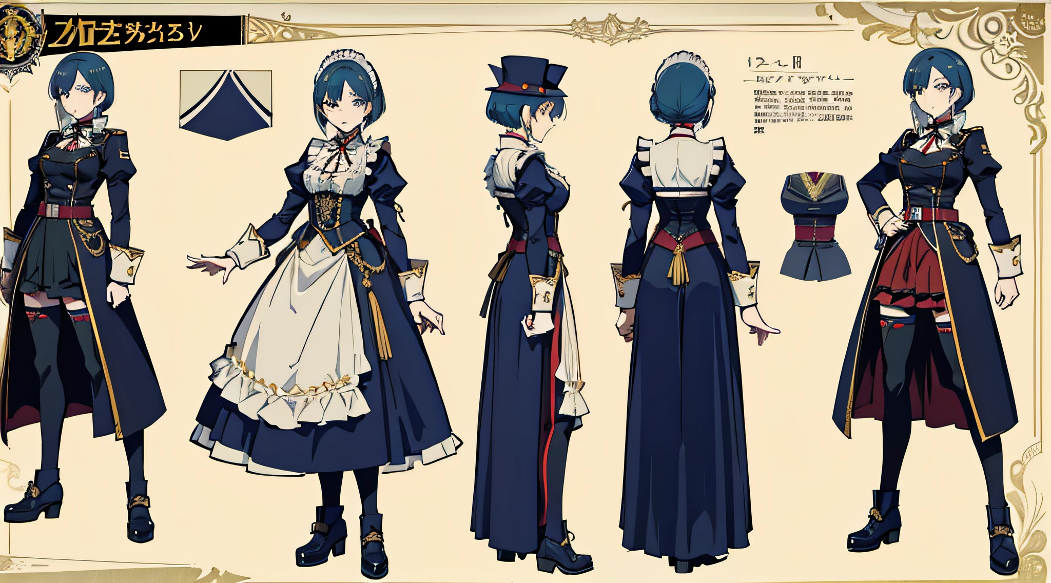 anime woman detailed victorian military dress, oversize, character design sheet, high reels, different poses, different angles