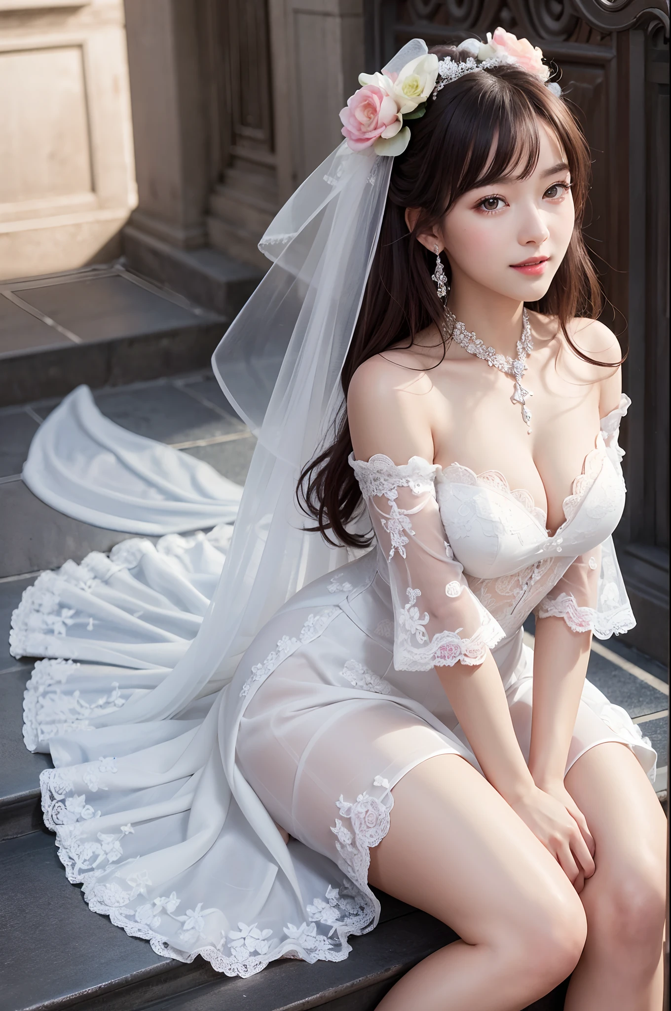 Best Quality, masutepiece, High resolution, top-quality、ultra-detailliert、masterpiece、realisitic、Photo Real、Realistic bride、extremely detailed cute girl、Tempting smile、Wearing a realistic wedding dress、Sitting on the steps of a church、((up looking_Down,))、 beautiful supermodel、On Body, Tindall Effect, Realistic, Shadow Studio, Rim lighting, dual-tone lighting, (High Detail Skins: 1.2), 8K UHD, Digital SLR, Soft light, High quality, Volume Light, Sneak Shots, Photo, High resolution, 4K, 8K, Background blur, Colorful, Vivid colors, shinny skin、