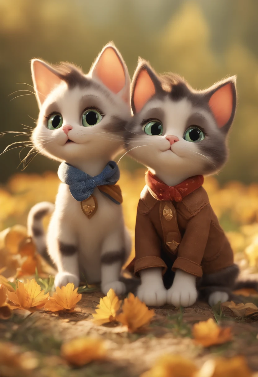 There are two cute cats, Known as a cowboy cat, Cute kittens, two headed cat, Kittens, Cats, catscatscats, and cute cats. They sat together in the field, wearing farm clothes. They are cute in the style of 🍁 and 🍂, And is the cutest of all. They are known as the real-life Tom and Jerry. The art style is cute cat anime visual.