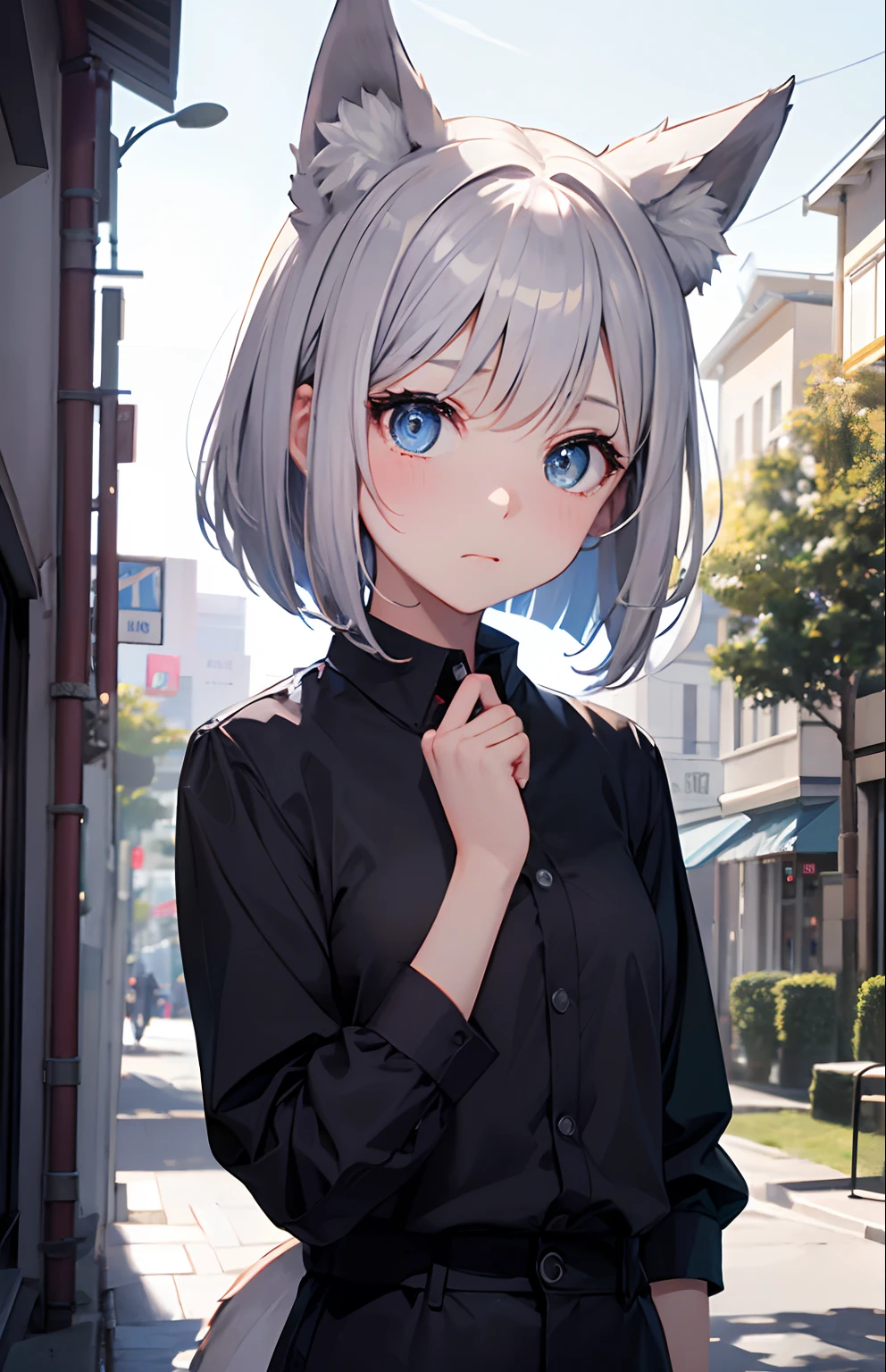 1 girl, (:1.5), wearing white sleeveless sweater and wearing black blue reversibel jacket, no pants, white short hair, cat ears, (bangs covering right eye:1.5), blue eyes, in the park, park background, cute pose, anime cat pose, (detailed), ((best quality))