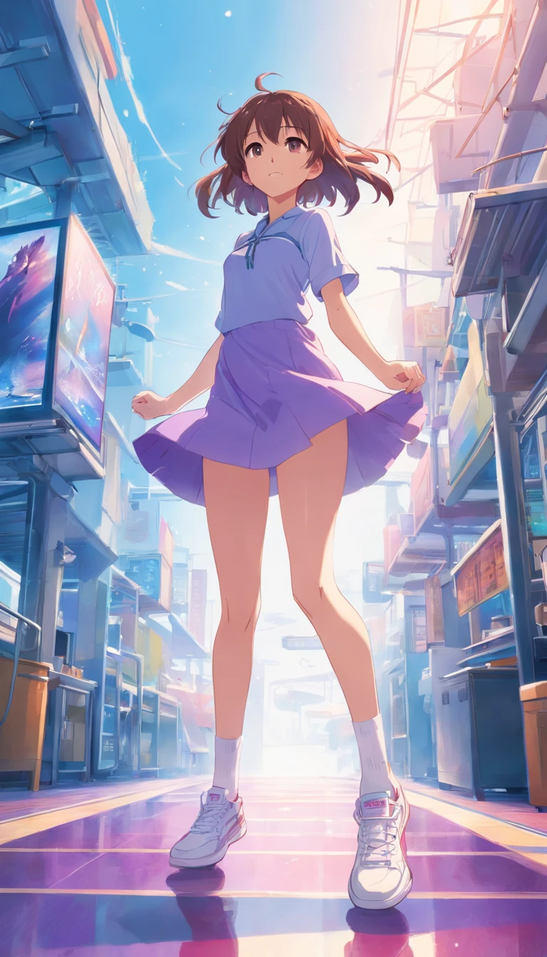 best qualtiy, tmasterpiece, 超高分辨率, realisticlying, 1 girl,Claret long hair,Heterochromic pupils,Long legs,(shift dresses),cheerfulness,Light purple tube stockings,Light white sneakers,Ocean park,wide angles