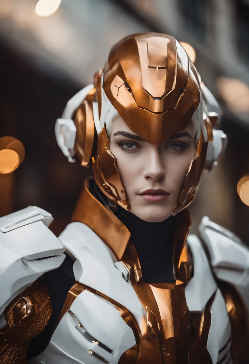 personaje blanco de pelo cafe con armadura de paladin robotico de cobre