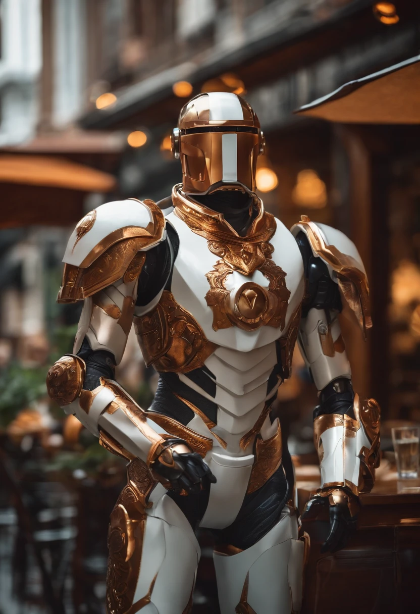 personaje blanco de pelo cafe con armadura de paladin robotico de cobre
