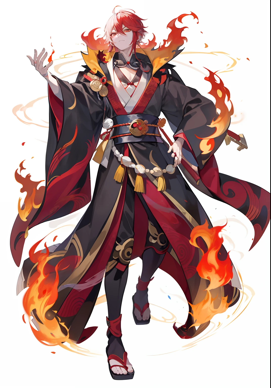 (Masterpiece, best quality: 1.2), (Super detailed), (Illustration),detailed face, anime character dress in japanese style, male japanese demon, youkai, onmyoji, onmyoji arena, kimono, fullbody,anime full body illustration, full body with costume, kimono japanese, onmyoji game, shinigami , a close up of a person in a costume with fire, fire!! full body, blazing infero, fire mage, inspired by Okumura Masanobu, half invoker half megumin, joker as naruto, inspired by Kanō Hōgai, inspired by Kōno Michisei, all face covered with a fire, flame conjuring, a man in a black robe and red belt, flowing red hair and long robes, ((wearing aristocrat robe))